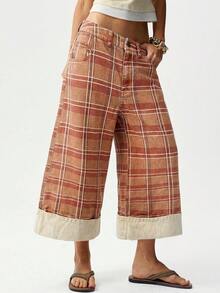 Bohemela BOHO 1960s 復古 70s 夏秋休閒梭織格紋印花寬鬆女款長褲 Y2K 灰色格紋，適合海灘、早午餐、度假、日常出遊 - 彩色 - 查看 3