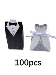 100/200 piezas Caja de caramelos con tema de vestido de novia y levita, popular para despedida de soltera, recepción de boda, Navidad - Blanco y negro - Ver 12