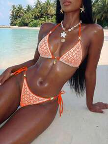 Swim Mod Bolso triangular de mujer con tela calada, unicolor, con adorno de flor de concha y perlas, estilo sexy - Naranja - Ver 3