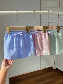SHEIN 兒童小男孩/女孩，小男孩3件組泡泡紗條紋泳褲短褲泳裝海灘褲套裝，適合海灘度假游泳和日常穿著，幼兒泳裝/泳衣，海灘穿著 - 彩色 - 查看 7