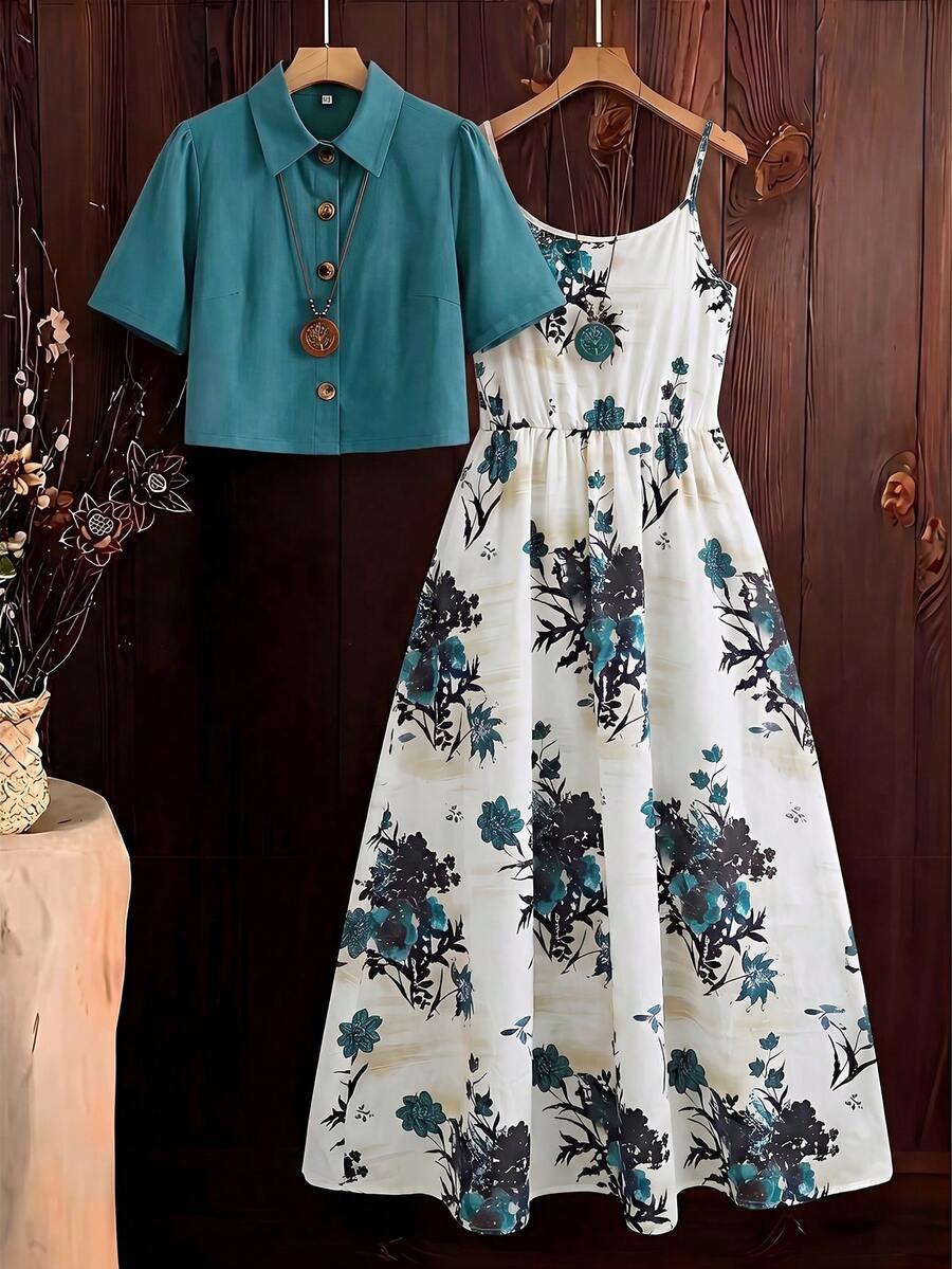 SHEIN Clasi 兩件組女款印花洋裝與豹紋襯衫,適合外出穿著的夏季套裝 - 綠色 - 查看 1