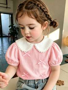SHEIN Girls' Short Sleeve Top, Floral Shape Knitted Jacquard, Lace Trim Comfortable Casual Daily Wear Back To School, LuckyBag Ramdom 1pc - Pink - View 4