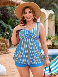 Swim Lushoire Plus Size Women 2pcs Set Random Print Tank Top Drawstring Front Tummy Control Slimming Minimalist Vacation Beach Swimsuit Set - Multicolor - View 4