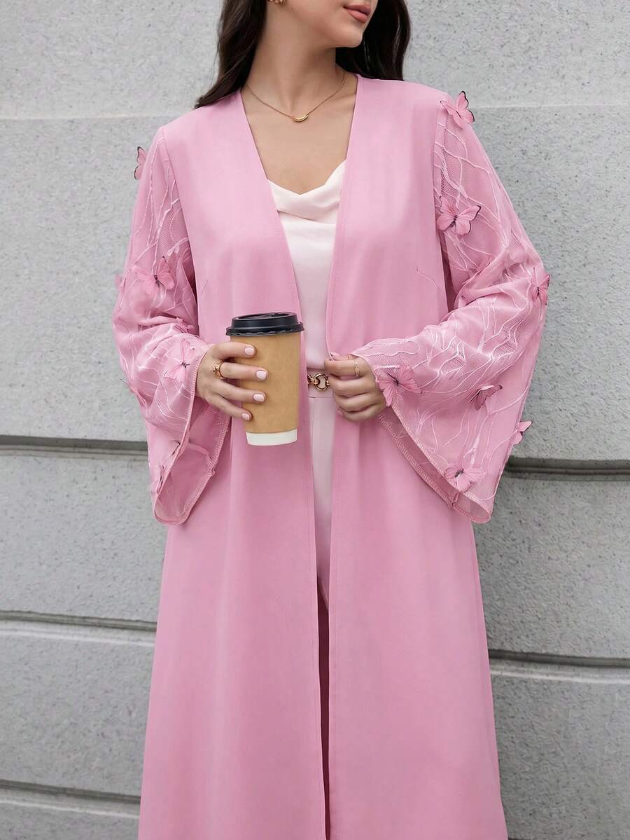 Al Najma 女款 3D 花卉裝飾長袖優雅阿巴雅長袍 - 粉色 - 查看 1