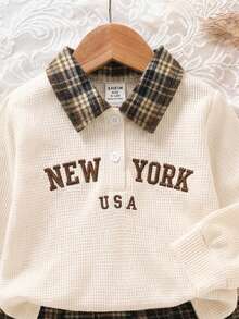 Elladie kids 女嬰女孩童裝 學院風 Old Money 可愛 Y2K 格紋字母華夫格長袖 Polo 上衣＋裙子 2 件套 秋季套裝 米白色/棕色 - 卡其色 - 查看 7