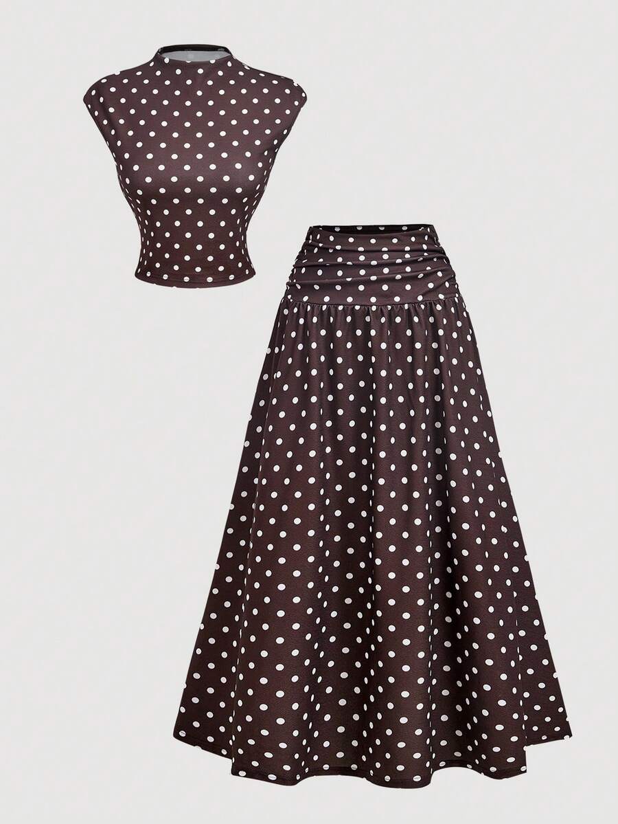 SHEIN MOD 女款波點印花立領短袖上衣與裙子兩件套 - 棕色 - 查看 1