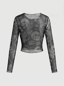 ROMWE Grunge Punk 暗黑龐克骷髏森系性感透視網紗長袖女款上衣 - 黑色 - 查看 2