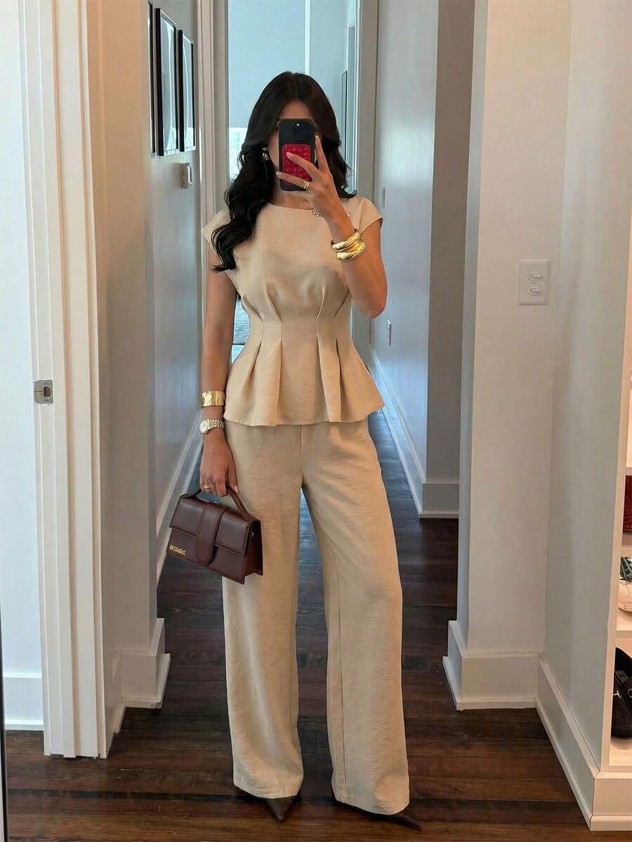 Firerie 女款優雅夏季米色不對稱肩小領金屬扣飾收腰喇叭袖襯衫上衣，極簡辦公通勤工作上衣