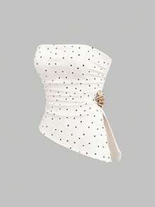 Sweetra Spring/Summer Fashion New Vintage Strapless Ruched Metal Buckle Waist-Cinched Slimming Asymmetrical Hem Top & Minimalist Wide Leg Long Pants Elegant Women's Brown Polka Dot 2-Piece Set - Apricot - View 4