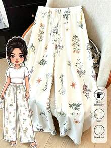 SHEIN CURVE+ Plus Size Women's Elastic Waist Fresh Floral Print Straight Leg Pants, Spring/Summer - Beige - View 1