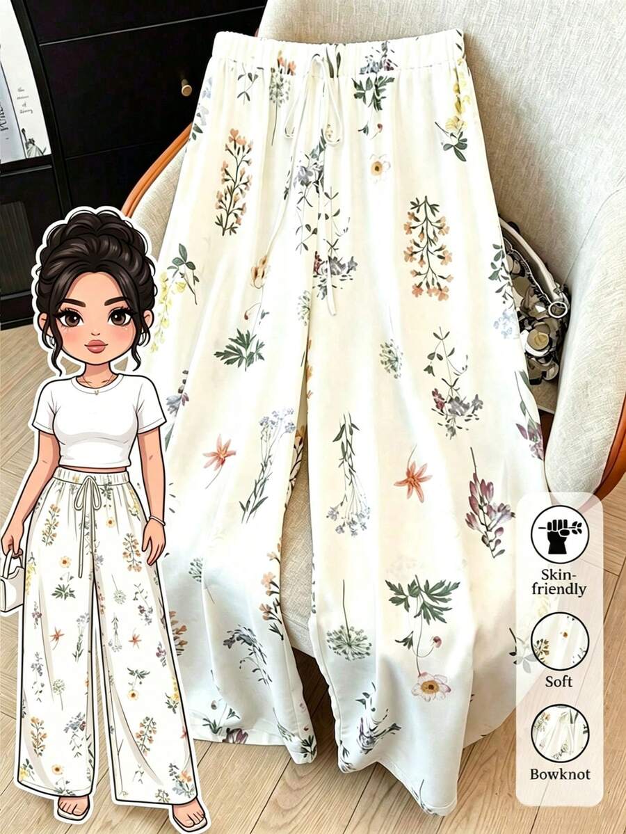 SHEIN CURVE+ Plus Size Women's Elastic Waist Fresh Floral Print Straight Leg Pants, Spring/Summer - Beige - View 1