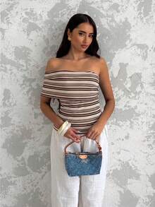 Glamine Women's Summer Vacation Asymmetric One Shoulder Diagonal Neckline Ruched Fitted Striped Sleeveless Top - Coffee Brown - View 2