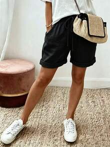 EMERY ROSE Plus Size Women's Solid Color Drawstring Waist Pocket Casual Rolled Hem Shorts - Black - View 3