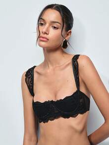 Softvol 1 pieza Bralette con encaje y decoración de lazo - Negro - Ver 6