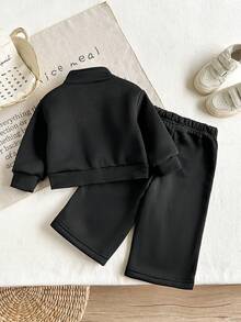 SHEIN Playful Pals 秋冬女嬰粉色運動風刺繡立領拉鍊長袖運動衫套裝，簡約舒適 - 黑色 - 查看 2