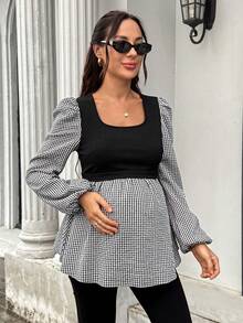 SHEIN Maternity Square Neck Long Sleeve Blouse Fall,Autumn Outfit For Women - Black - View 4