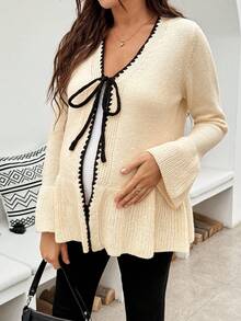 SHEIN Maternity V-Neck Contrast Trim Bow Tie Ruffle Hem Casual Long Sleeve Cardigan,Autumn Outfit For Women Winter - Khaki - View 2