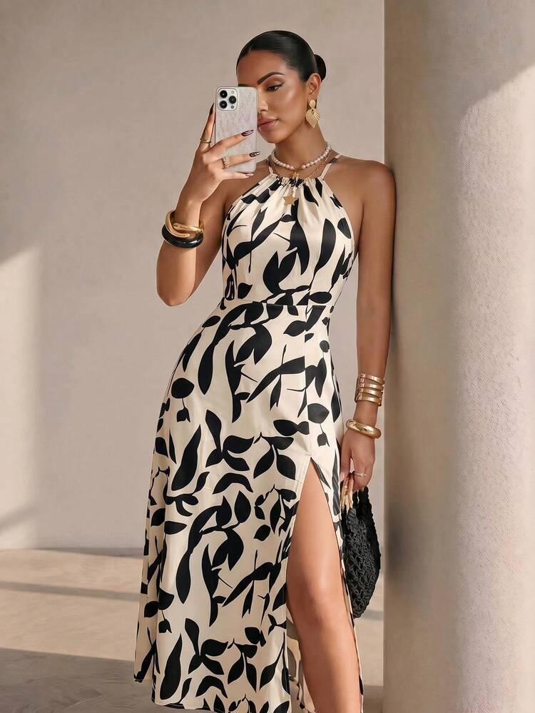 split thigh halter dress Structelle Black Maxi Women Outfit Vacation Summer Elegant Sexy making it a go