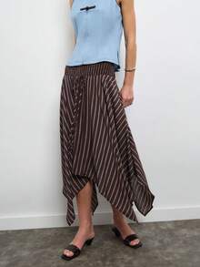 Nöista Stripe Midi Skirt With Smocked Waistband And Asymmetric Hem. Everyday, Brunch, Day-To-Night, Smart & Casual. Fall, Fall Winter Street Style. - Brown - View 2