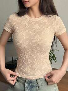 DAZY Lace Fitted Short Sleeve T-Shirt Summer Outfit Women's Pajama Top - Apricot - View 3