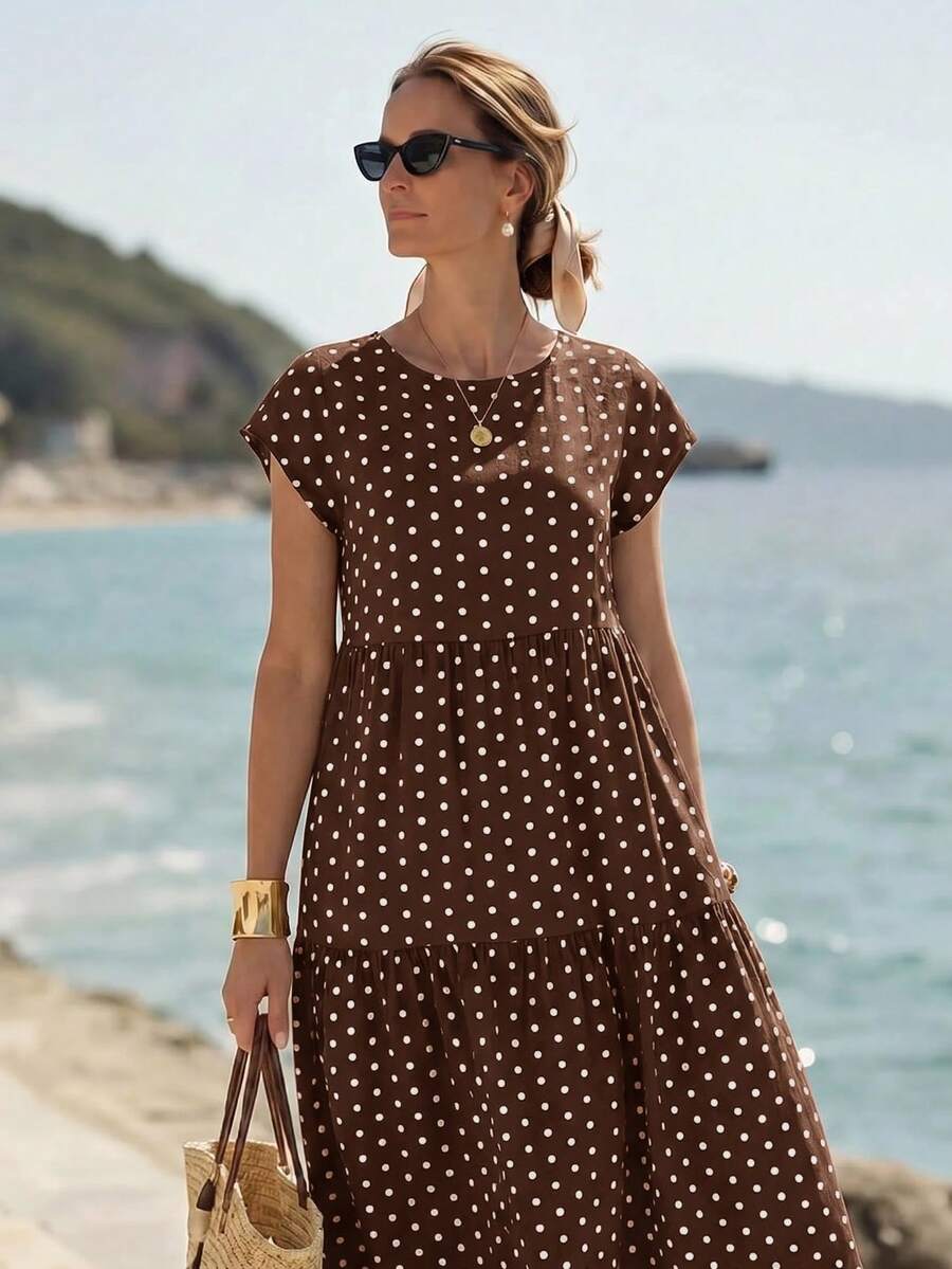 Faunlyn 女款時尚波點印花圓領度假洋裝