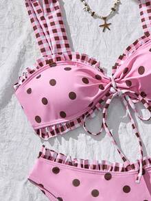 Swim Mod Women's Summer Beach Polka Dot Plaid Ruched Bikini Top And Triangle Bottom Two-Piece Swimsuit Set Pink And Black Polka Dot Cute - Pink - View 4