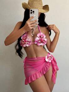 Swim SXY New Fashion 3pcs/Set 3D Orchid Halter Bikini Top, Tie-Up Triangle Bottoms, Ruffle Mesh Mini Skirt Swimwear Set (Flower Pattern Random) - Hot Pink - View 1