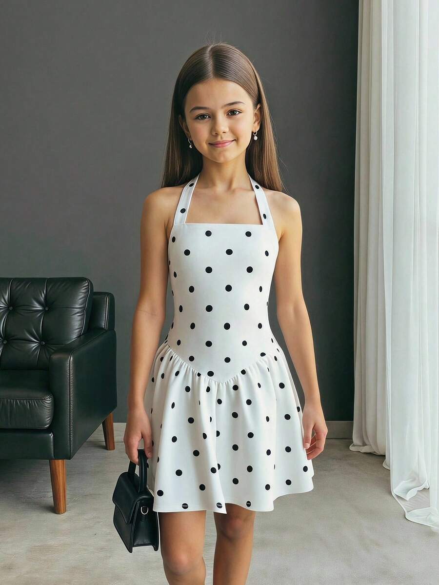 Firerie Kids Firerie Kids 少女休闲度假黑白波点露背A字可爱连衣裙