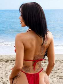 Swim SXY Women's New Spaghetti Strap Halter Neck 3D Floral Beaded Decor Top And Sexy Bikini Set - Red - View 2