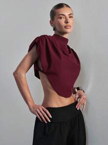 Hauture Women's Draped Shoulder Impact High Neck Crop Top Office Wear - Khaki - View 6