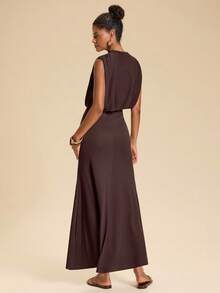 Travachic Women's Solid Color Stand Collar Mermaid Hem Elegant Long Dress Vacation Dark Brown Summer - Brown - View 5