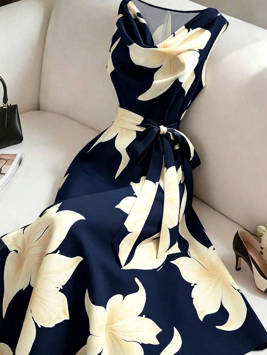 SHEIN Franclia 女款垂領無袖綁帶洋裝,度假風黑色洋裝 - 藏蓝色 - 查看 1