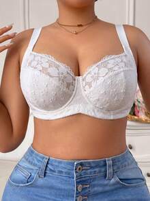 LustreForm Plus Size White Underwire Lace Patchwork Embroidered Comfortable Wide Strap Thin Bottom Push-Up Bra 1pc - White - View 3