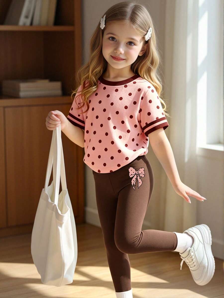 Elladie kids 女童舒適可愛清新波點條紋字母印花基本款短袖T恤+蝴蝶結內搭褲套裝 - 彩色 - 查看 1