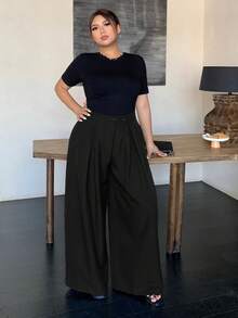 Dazy Petite Curve 純色超寬鬆寬腿雙扣褶皺長款休閒長褲，四季皆宜，大尺碼，女款，小個子，長版 - 黑色 - 查看 5