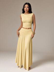 SHEIN PETITE Conjunto de 2 piezas de top de cuello redondo plisado y falda de unicolor casual para uso diario para mujer - Amarillo - Ver 4