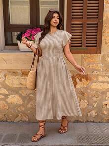 Elaquor Plus Size Casual Striped Cinched Waist Ruffle Cuff Dress - Brown - View 1