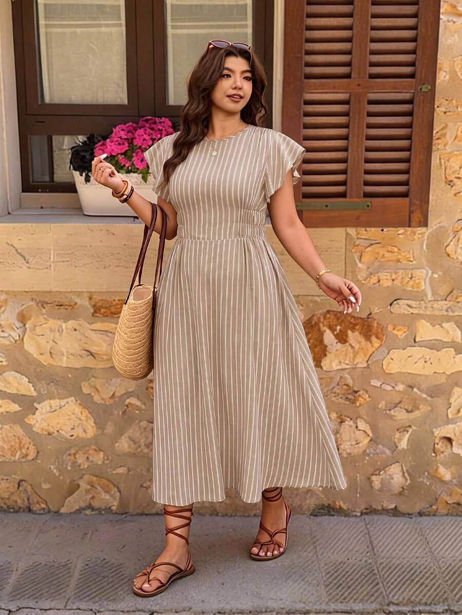 Elaquor Plus Size Casual Striped Cinched Waist Ruffle Cuff Dress - Brown - View 1