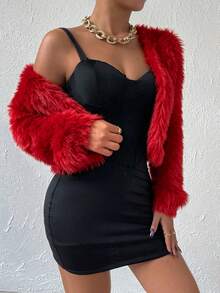 SHEIN LUNE 女款純色毛絨休閒百搭日常穿著開襟衫 - 紅色 - 查看 3