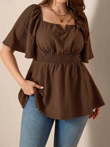 SHEIN LUNE Blusa de talla grande con hombros descubiertos, cuello cuadrado, uso de 2 formas y bajo fluido - Marrón - Ver 5