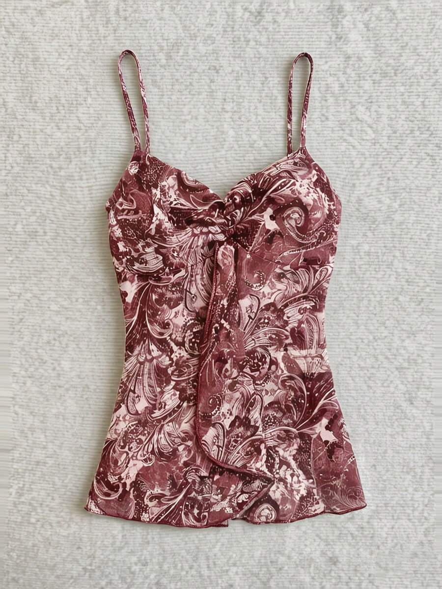 INAWLY 粉棕色花卉印花收腰女款細肩帶背心 - 棕色 - 查看 1
