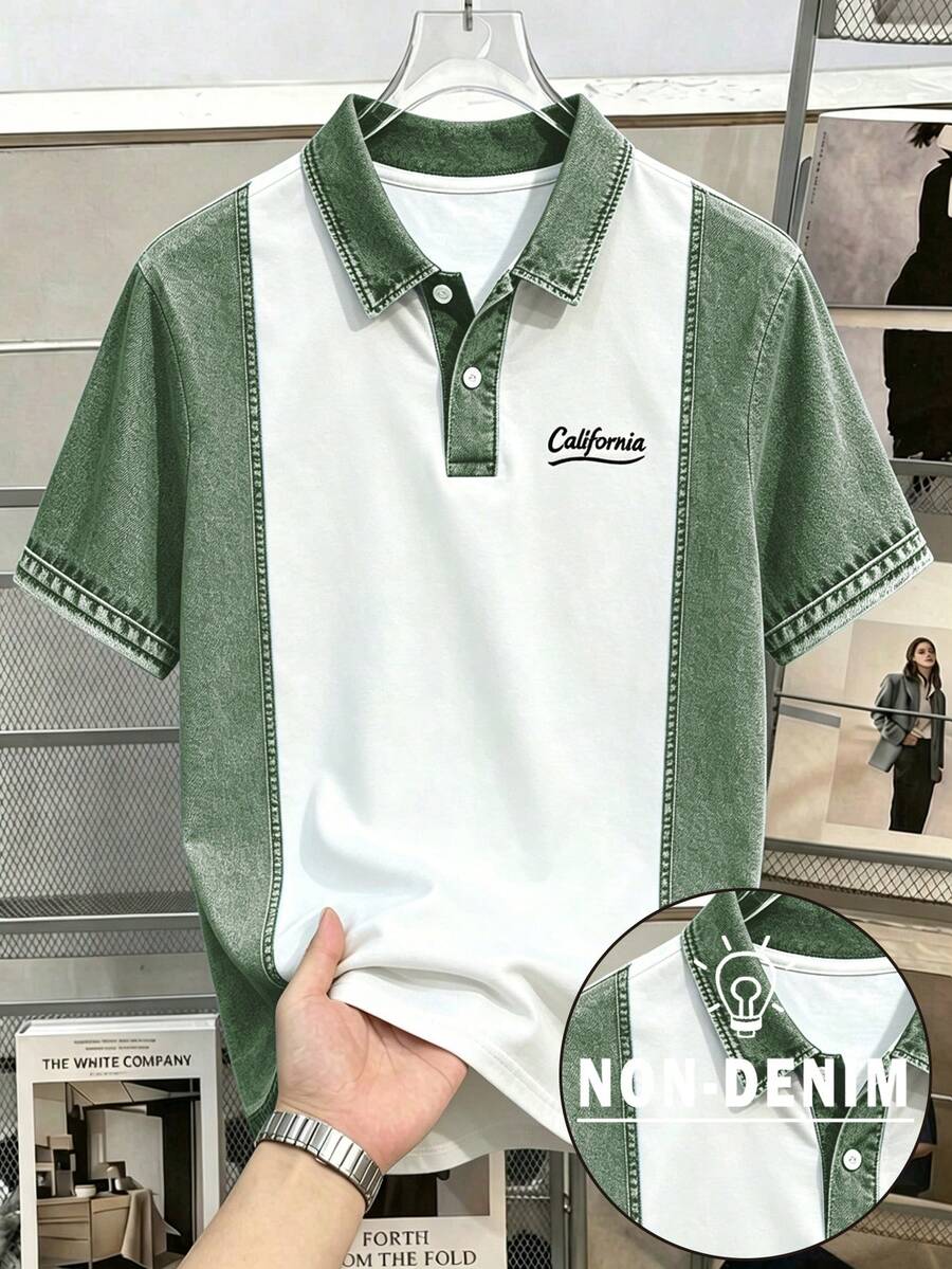 Manfinity Joysei 男士字母印花短袖休閒通勤 Polo 衫 - 綠色 - 查看 1