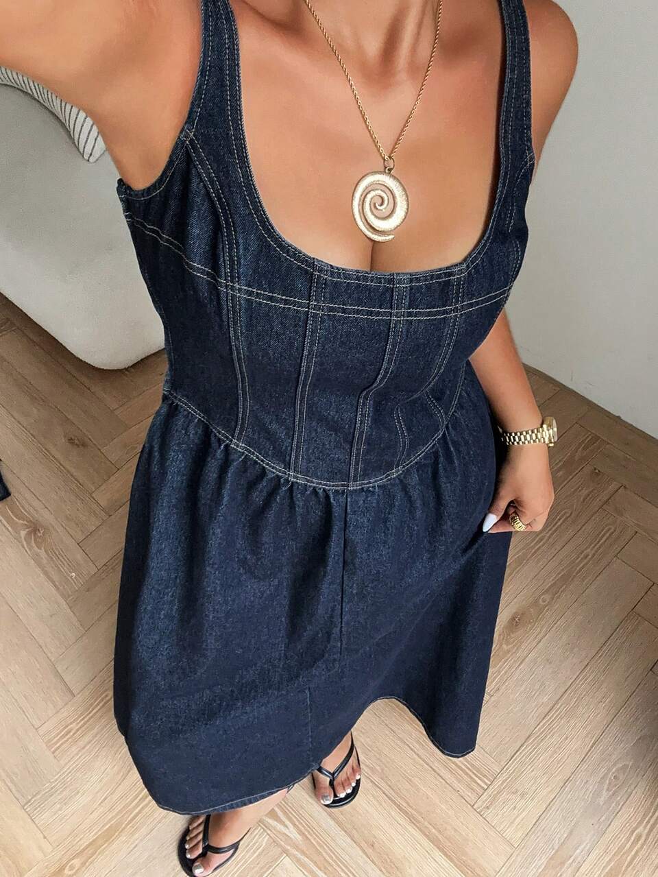 Dazy Plus Dark Wash Blue Contrast Stitching Waist Fitted Cami Dress, Western Cowgirl Style Dress, Vacation Vibe, Plus Size Women, Spring/Summer