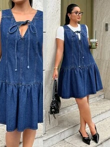 Rivivi Summer New Sleeveless Tie-Front Plus Size Denim Dress - Blue - View 8