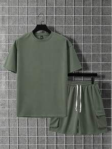 Manfinity Homme 男士純色短袖T恤與抽繩腰工裝短褲休閒日常兩件套 - 軍綠色 - 查看 3