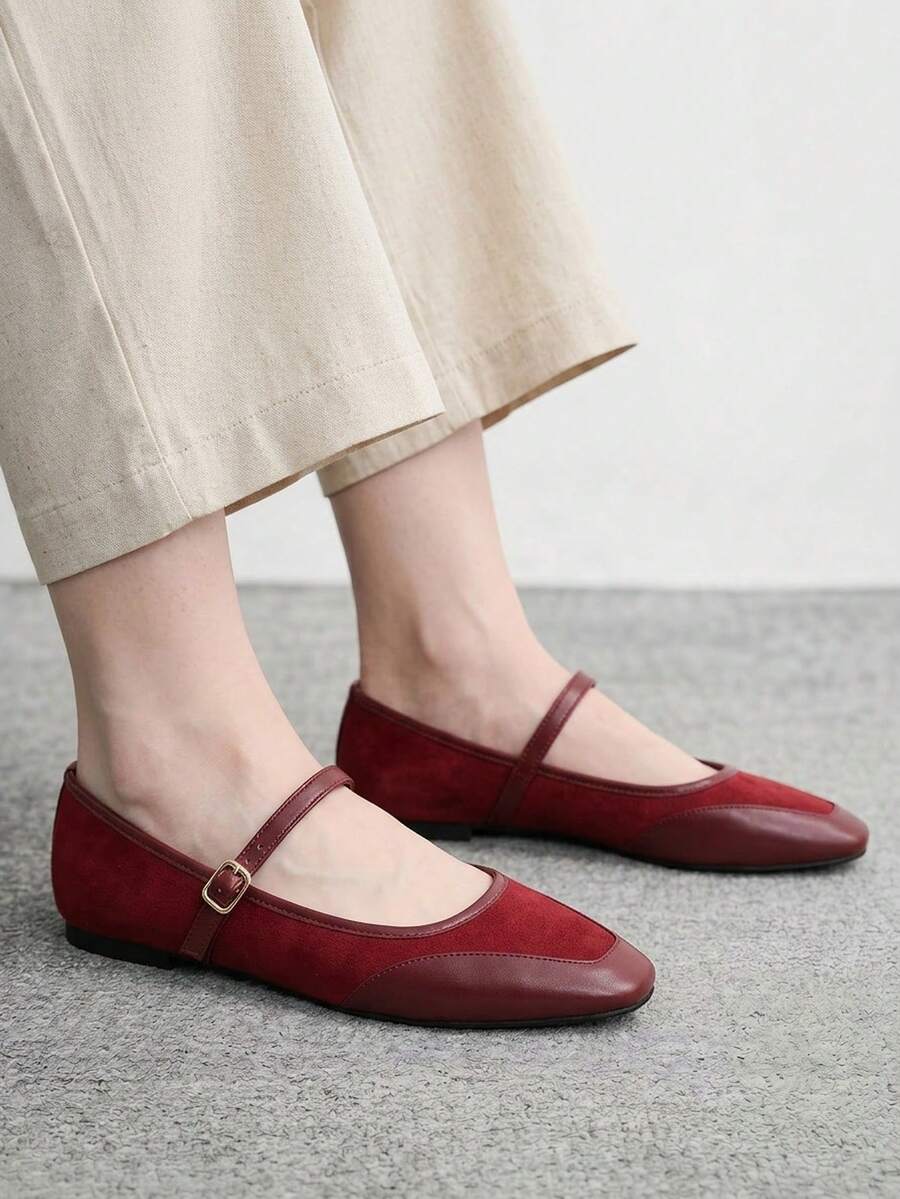 CUCCOO BIZCHIC 優雅黑色簡約方頭平底鞋,休閒極簡舒適綁帶平底鞋女款,適合辦公室、通勤與正式場合(適合聖誕節與春季鞋款) - 酒紅色, - 查看 1