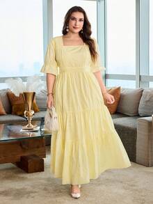 Modelyn Vestido de mujer primavera/verano bordado con textura amarillo pálido cuello cuadrado manga corta talla grande - Amarillo - Ver 4