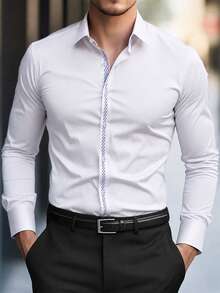 Manfinity Mode Camisa de manga larga con diseño de rayas y patchwork de colores claros, estilo casual de negocios para hombres, para ceremonias - Blanco - Ver 1