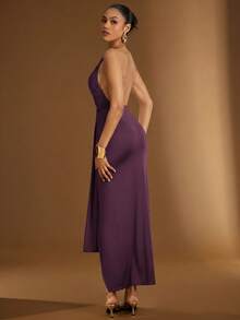 Hauture Gold Metal Halter Neck Ruched Mermaid Hem Open Back Dress With Sash - Bold Plum - View 6