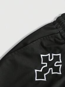 ROMWE MEN Street Life Men's Drawstring Waist Cross Pattern Casual Daily Shorts - Black - View 3